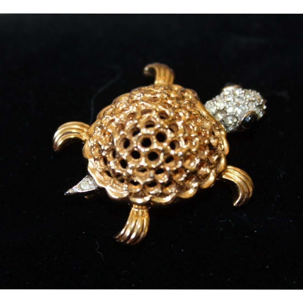 Vintage Turtle Brooch Rhinestone & Black Stone Signed Jomaz 9.8g Handmade unique - Picture 4 of 10